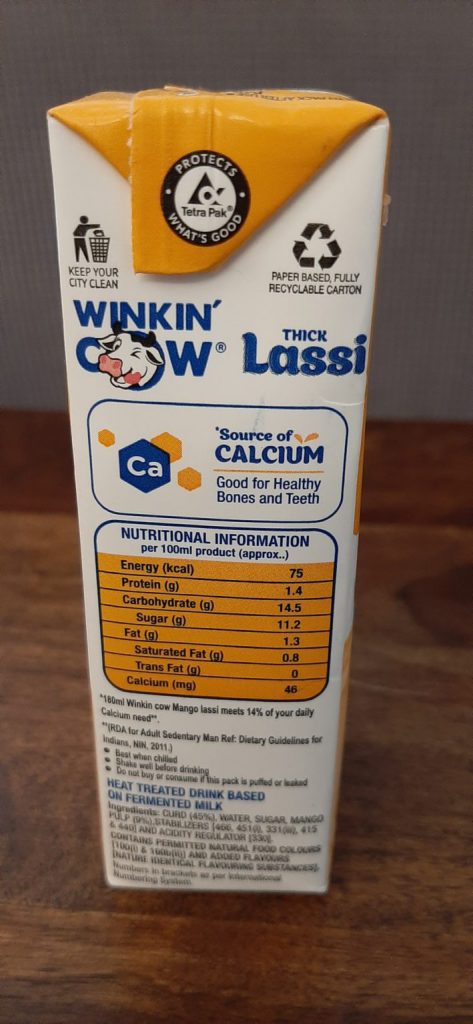 Britannia Winkin’ Cow Thick Mango Lassi Nutritional info